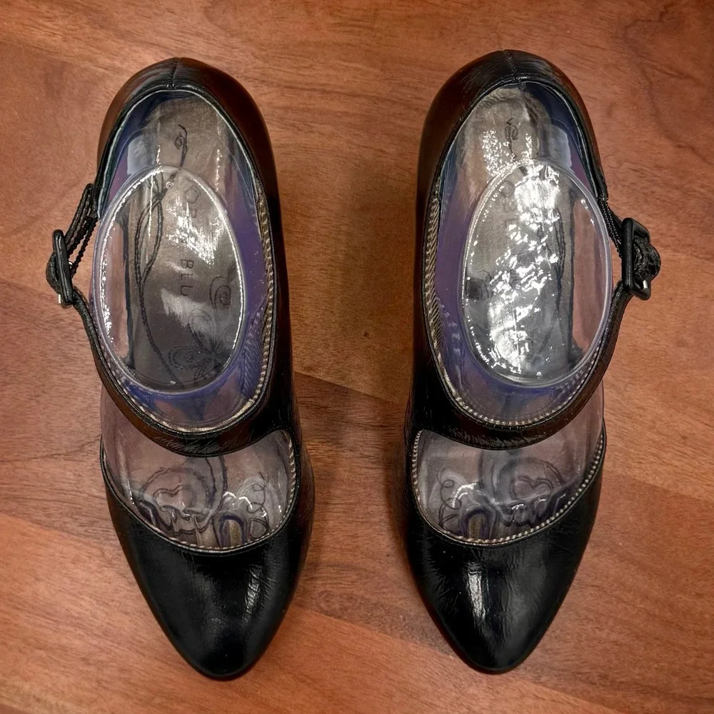 Bobbi Blu Gail Black Leather Mary Jane Pumps Round Toe Block Heel‎ Womens 7.5 M